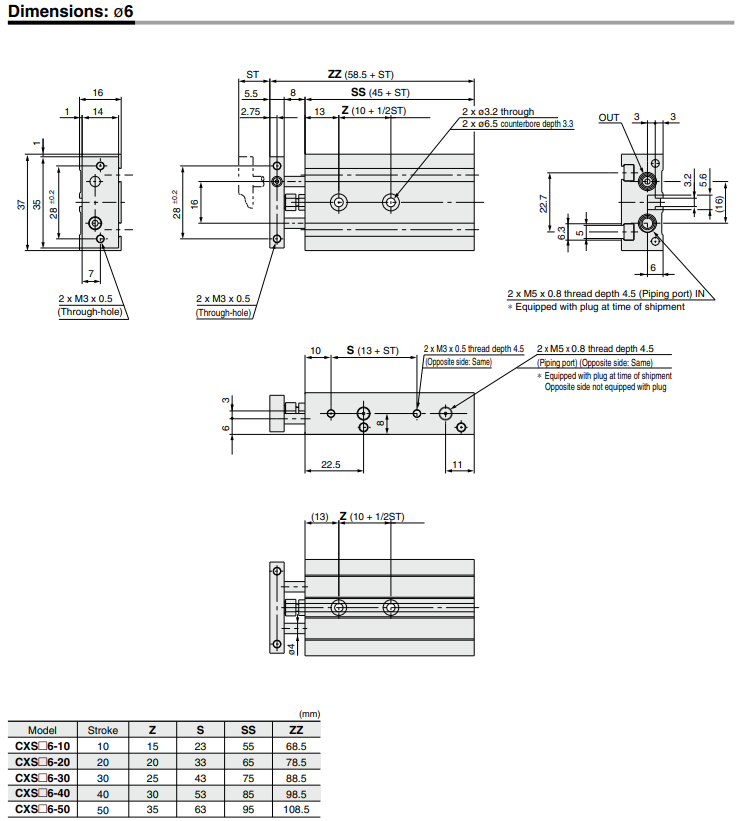 Dual Rod Cylinder Basic Type CXS Series ø6, ø10, ø15, ø20, ø25, ø32