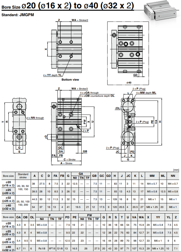 Dual Rod Cylinder JMGP Series ø12, ø16, ø20, ø25, ø32, ø40, ø50, ø63, ø80, ø100