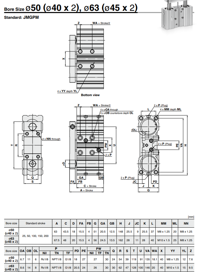 Dual Rod Cylinder JMGP Series ø12, ø16, ø20, ø25, ø32, ø40, ø50, ø63, ø80, ø100