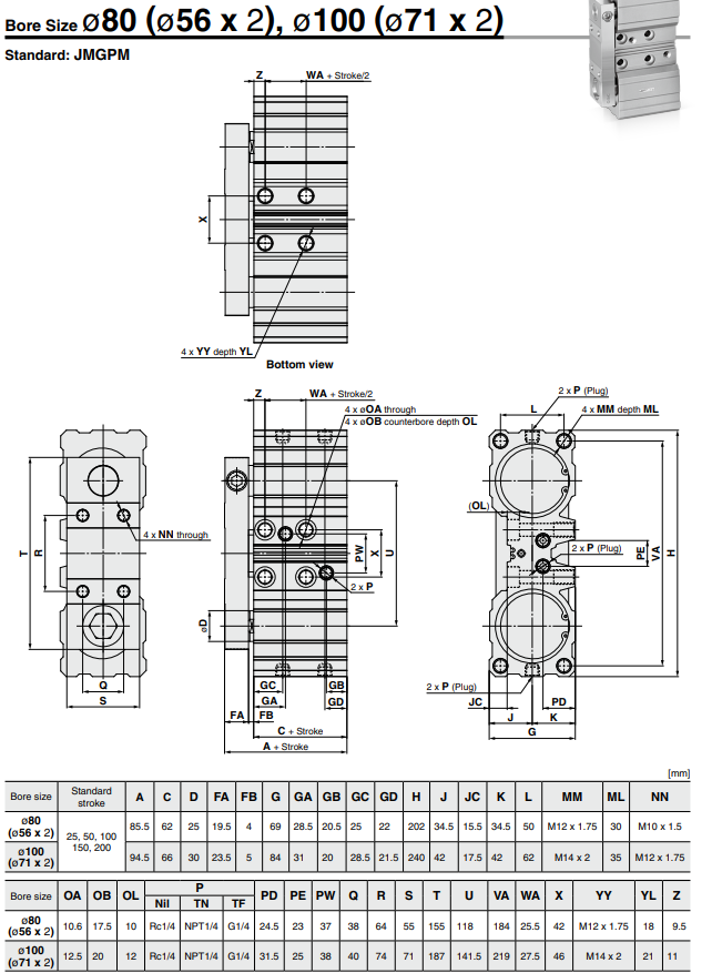 Dual Rod Cylinder JMGP Series ø12, ø16, ø20, ø25, ø32, ø40, ø50, ø63, ø80, ø100