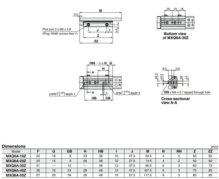 Air Slide Table Double-ported Type MXQ A Series ø6, ø8, ø12, ø16, ø20, ø25