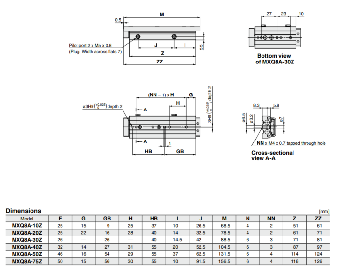 Air Slide Table Double-ported Type MXQ A Series ø6, ø8, ø12, ø16, ø20, ø25