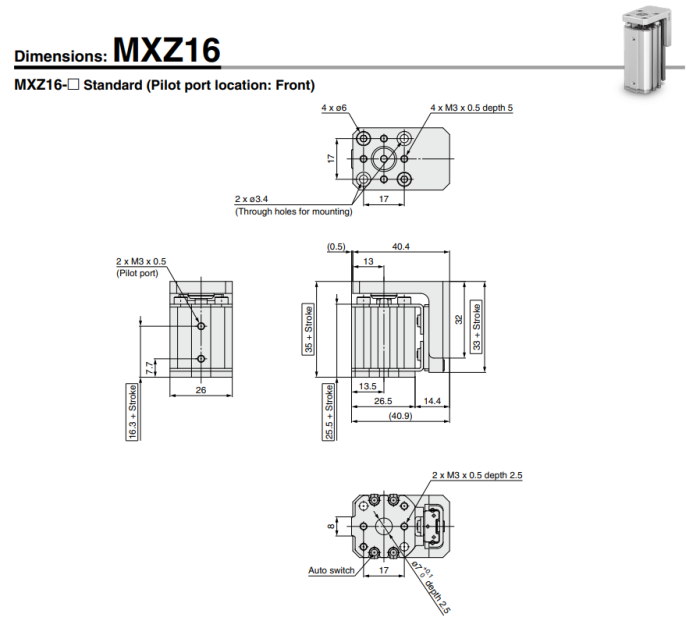 Compact Cylinder with Linear Guide MXZ Series ø12, ø16, ø20, ø25
