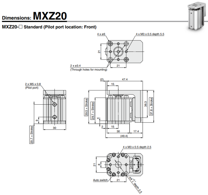 Compact Cylinder with Linear Guide MXZ Series ø12, ø16, ø20, ø25