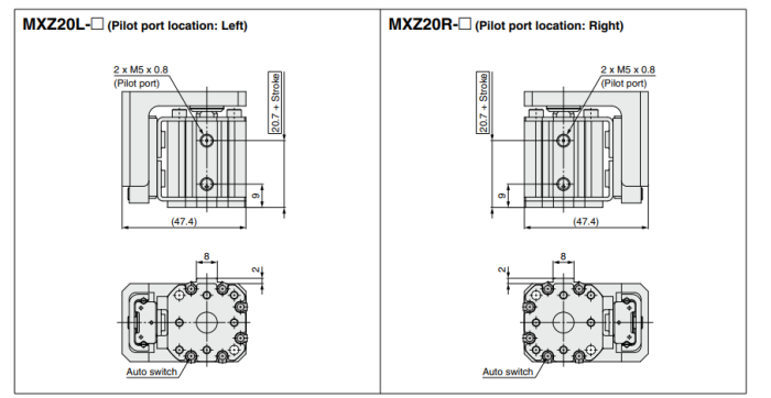 Compact Cylinder with Linear Guide MXZ Series ø12, ø16, ø20, ø25