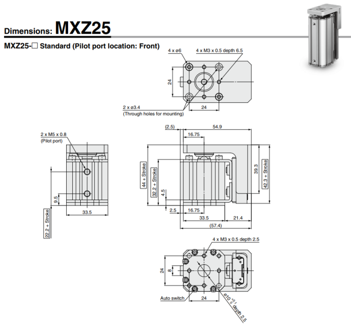 Compact Cylinder with Linear Guide MXZ Series ø12, ø16, ø20, ø25