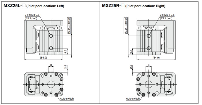 Compact Cylinder with Linear Guide MXZ Series ø12, ø16, ø20, ø25