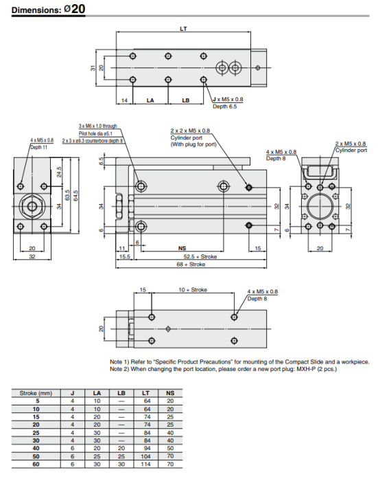 Compact Slide MXH Series ø6, ø10, ø16, ø20