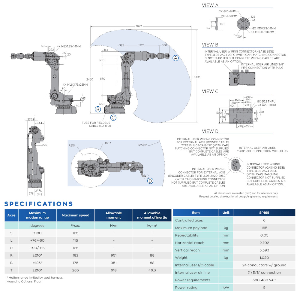 SP165 robot spec diagram