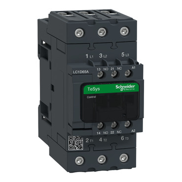 LC1D65AM7 IEC contactor, TeSys Deca, nonreversing, 65A, 40HP at 480VAC, up to 100kA SCCR, 3 phase, 3 NO, 220VAC 50/60Hz coil, open