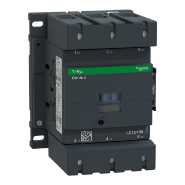 LC1D150BD IEC contactor, TeSys Deca, nonreversing, 150A, 100HP at 480VAC, up to 100kA SCCR, 3 phase, 3 NO, 24VDC coil, open style