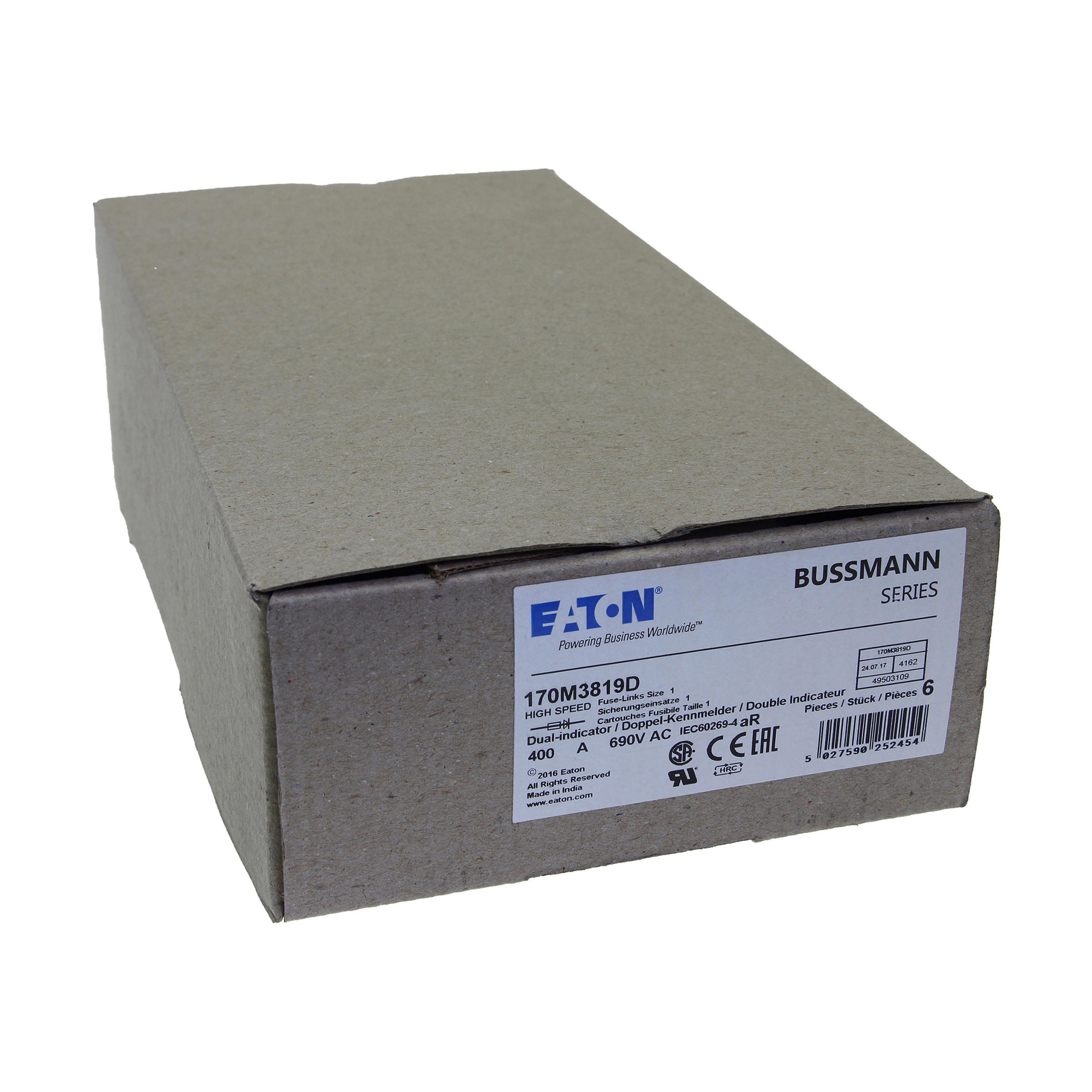 Eaton 170M3819D 60A 600VAC 20kA Fuse, Mersen Series, High Interrupt Protection, Power Distribution